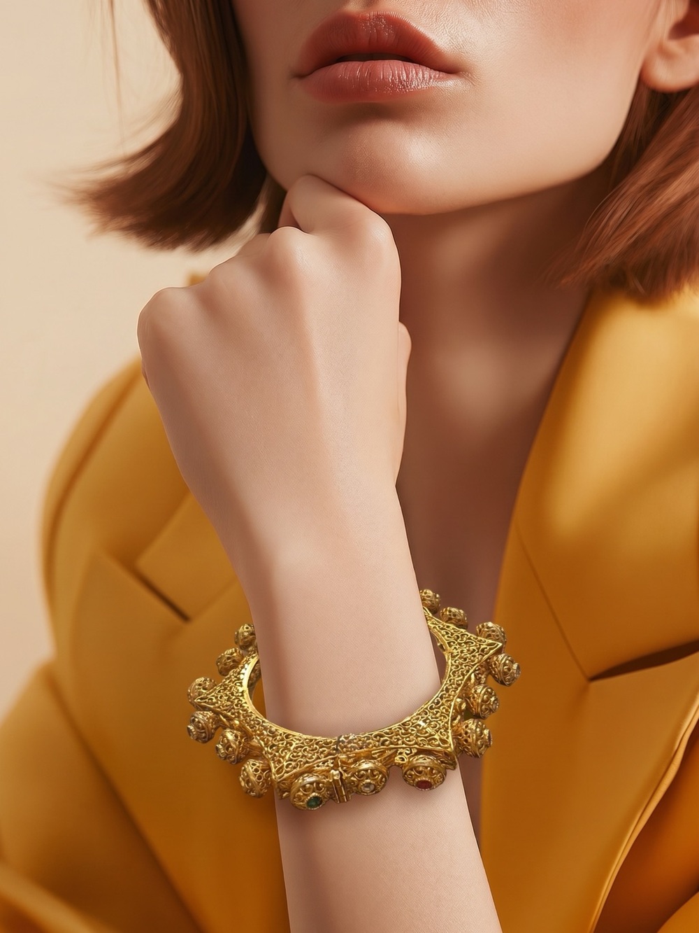 Vintage Gold Filigree Cuff with Multicolor Rhinestones.”